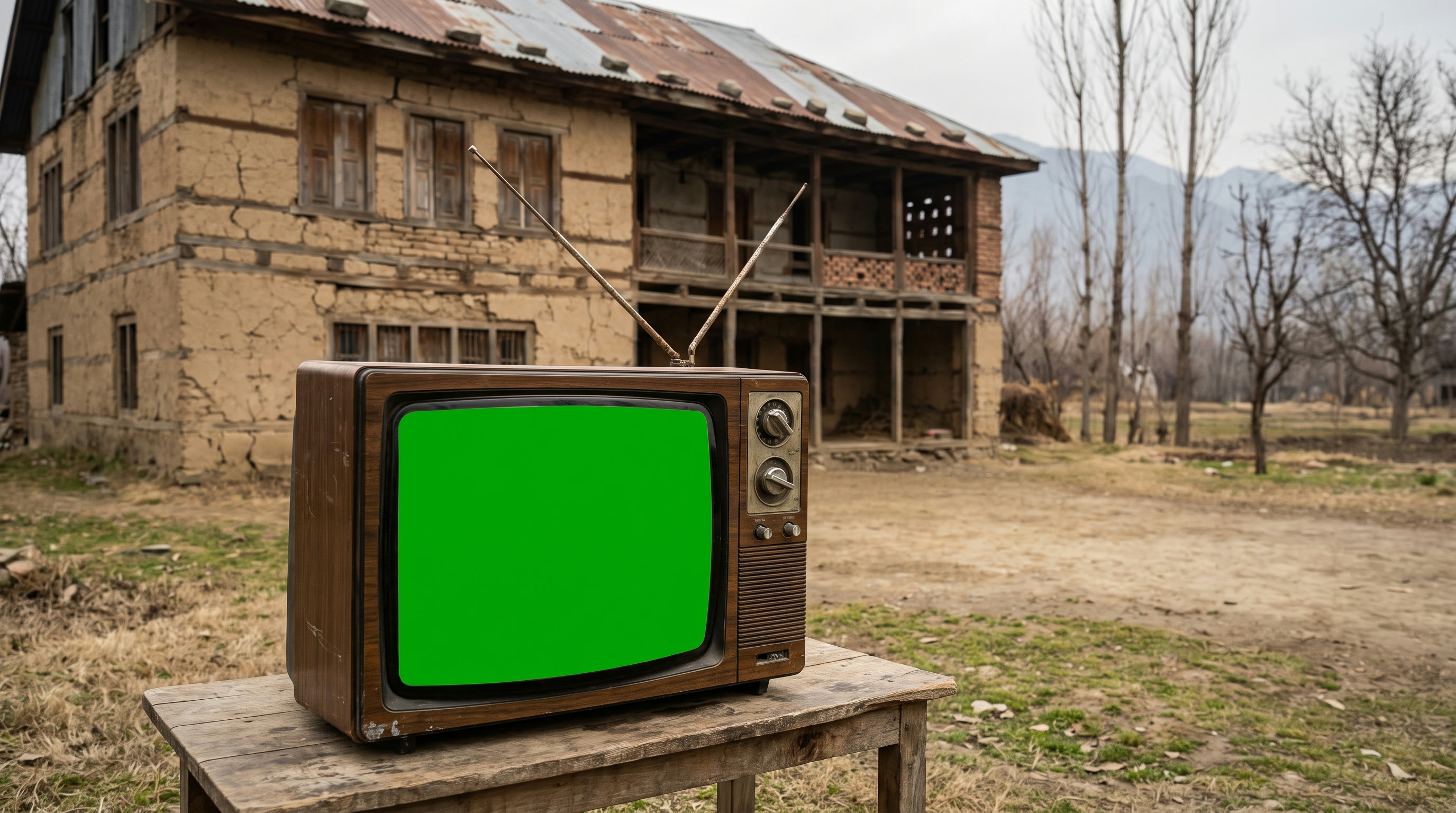 An old wooden television with rabbit-ear antennae on a table in front of a weathered mud-and-timber house in Kashmir, bare poplars and mountains behind.